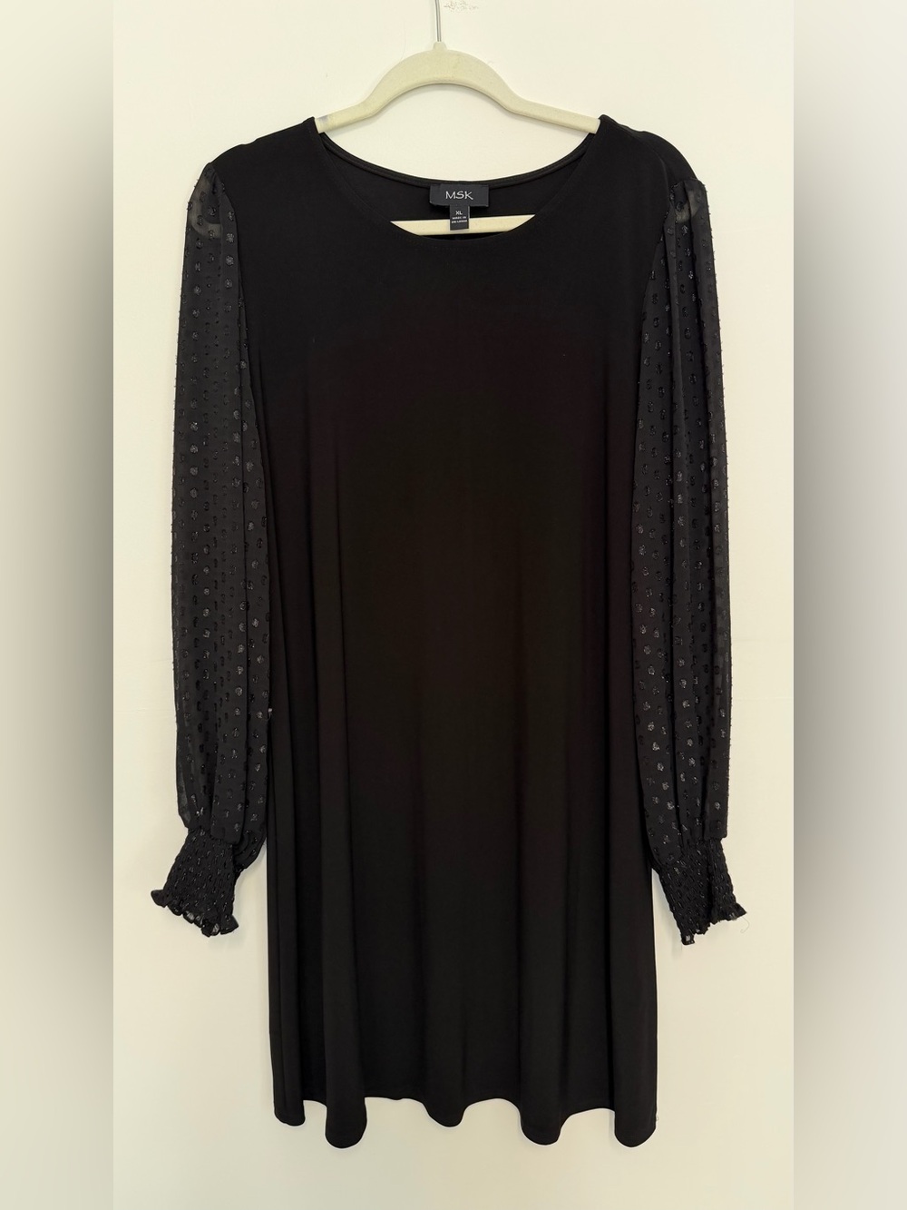 MSK Black Long Sleeve Shift Dress with Swiss Dot Sheer Sleeves